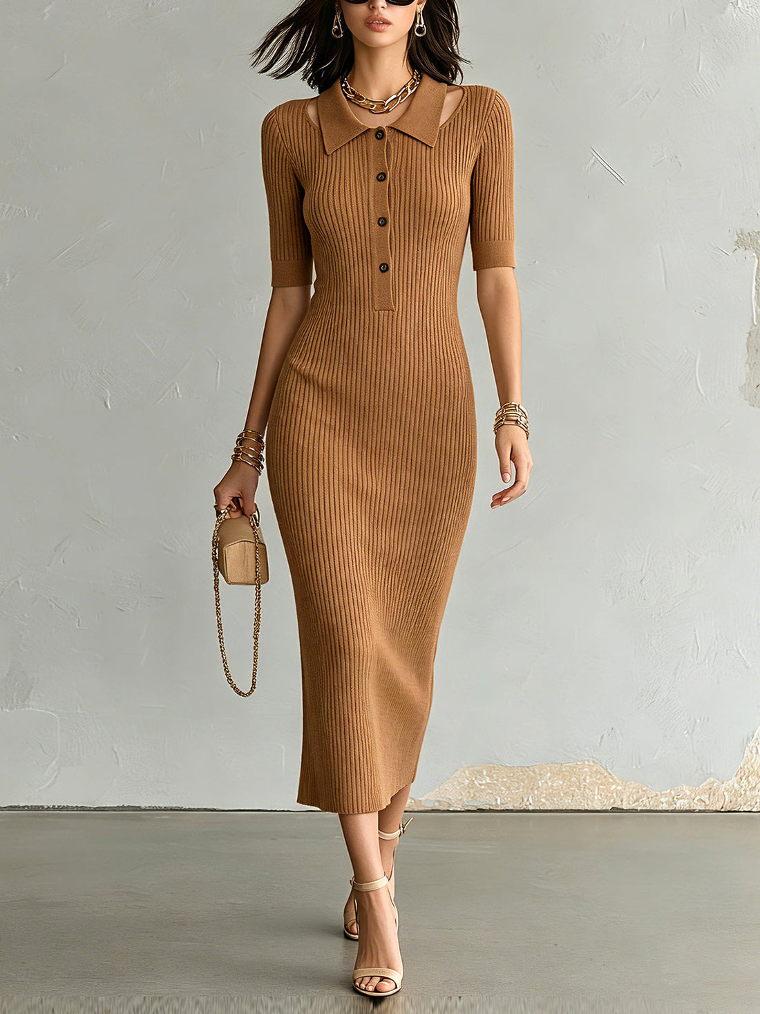 ElevenOra Chic Elegant Caramel Brown Button-Up Lapel-Collar Short-Sleeve Cutout-Detail Slim-Fit Ribbed Knit Midi Dress