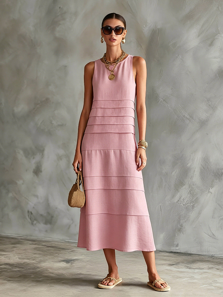 ElevenOra Chic Elegant Pink Cotton-Linen Blend Round-Neck Sleeveless Patchwork Detail A-Line Loose-Fit Midi Dress
