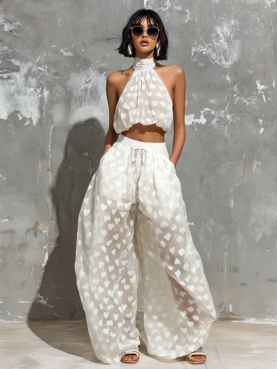 ElevenOra Chic Elegant White Sheer Organza Heart Print Halter-Neck Sleeveless Loose-Fit Tank Top Wide-Leg Pants Two-Piece Set
