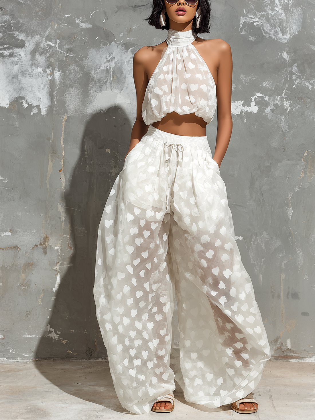 ElevenOra Chic Elegant White Sheer Organza Heart Print Halter-Neck Sleeveless Loose-Fit Tank Top Wide-Leg Pants Two-Piece Set