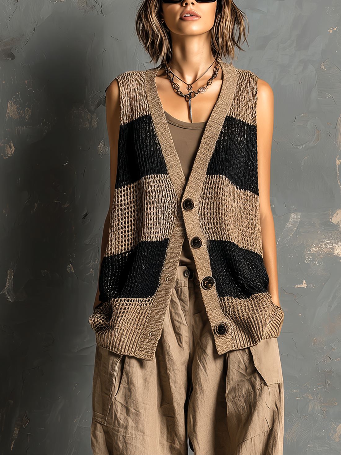 ElevenOra Chic Casual Camel-Black Colorblock V-Neck Single-Breasted Sleeveless Loose-Fit Mesh Knit Vest Top