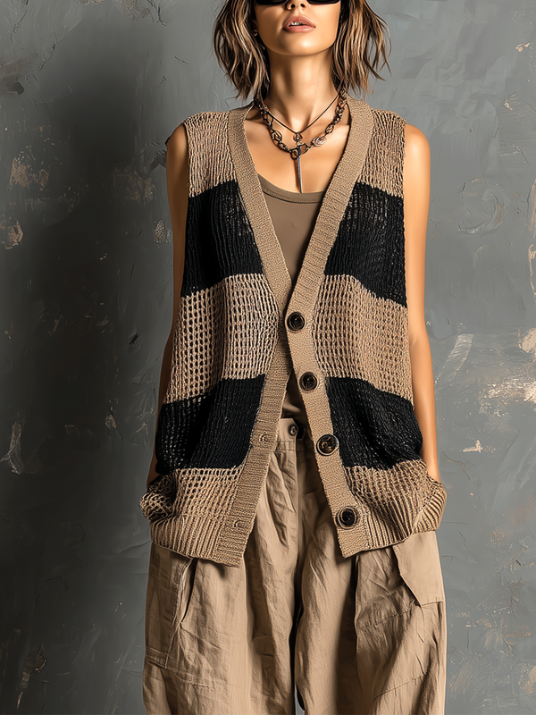 ElevenOra Chic Casual Camel-Black Colorblock V-Neck Single-Breasted Sleeveless Loose-Fit Mesh Knit Vest Top