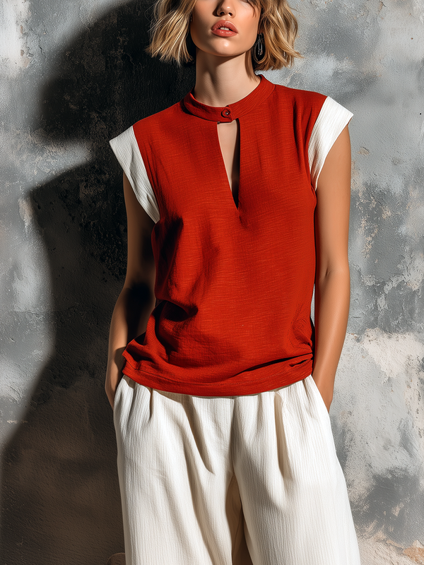 ElevenOra Chic Casual Red-White Colorblock Mandarin Stand Collar Button Keyhole Cap Sleeves Loose-Fit Slub Cotton Fabric Shirt