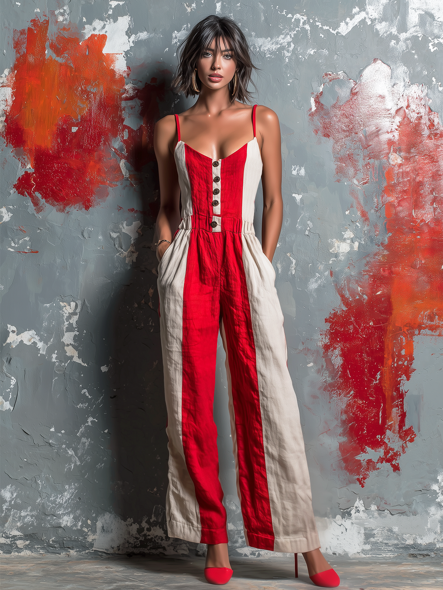 ElevenOra Chic Elegant Off White-Red Colorblock Cotton Linen Blend Spaghetti Straps V-Neck Button-Front Sleeveless Tailored-Waist Loose-Fit Wide-Leg Jumpsuit