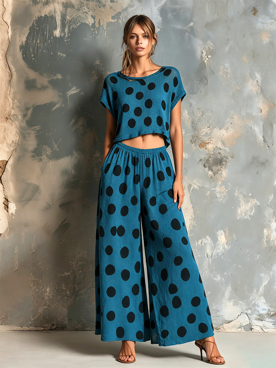 ElevenOra Chic Elegant Teal Blue Polka Dot Jacquard Round-Neck Short-Sleeve Sweater Top Loose-Fit Wide-Leg Pants Knit Two-Piece Set
