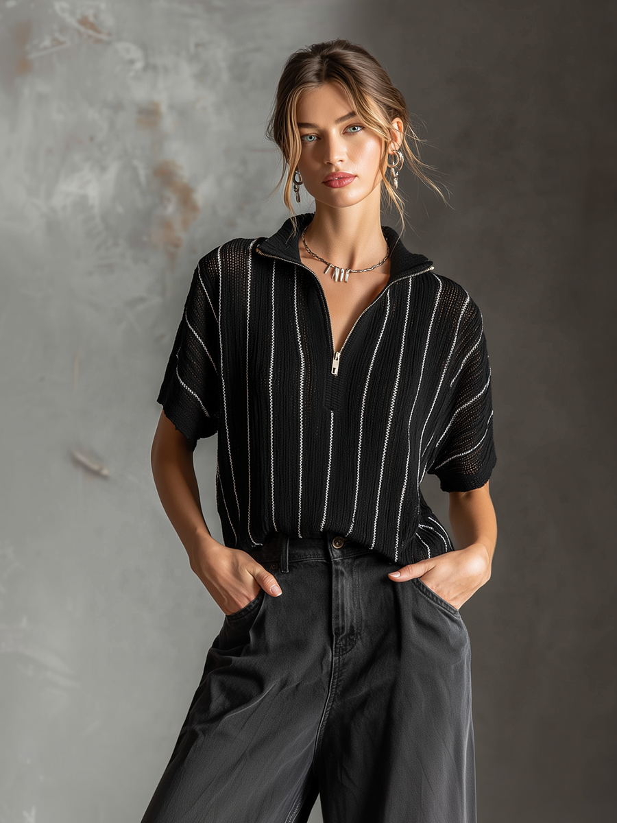 ElevenOra Chic Casual Black-White Stripes  Stand Collar Zipper-Front Short-Sleeve Loose-Fit Mesh Knit Sweater Top