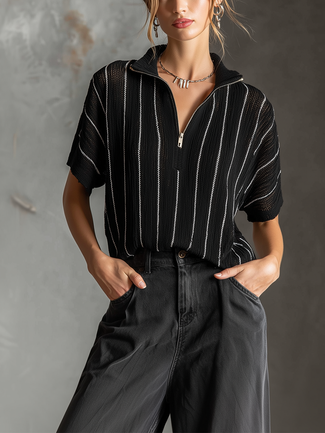 ElevenOra Chic Casual Black-White Stripes  Stand Collar Zipper-Front Short-Sleeve Loose-Fit Mesh Knit Sweater Top