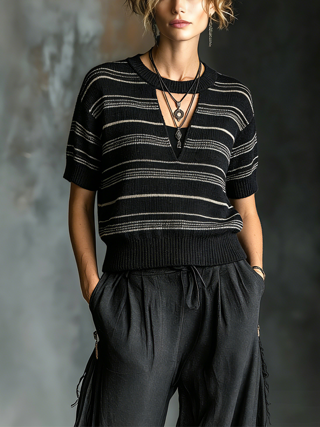ElevenOra Chic Casual Black-White Stripes Round-Neck Keyhole Cutout Short-Sleeve Loose-Fit Knit Sweater Top