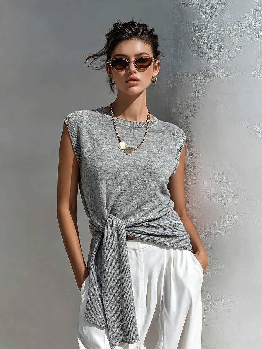 ElevenOra Chic Elegant Gray Round-Neck Sleeveless Rib Detail Tie-Waist Loose-Fit Knit Vest Top