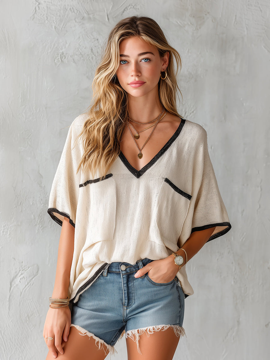 ElevenOra Chic Elegant Beige V-Neck Short-Sleeve Black Trim Detail  Patch Pockets Oversize Knit Sweater Top