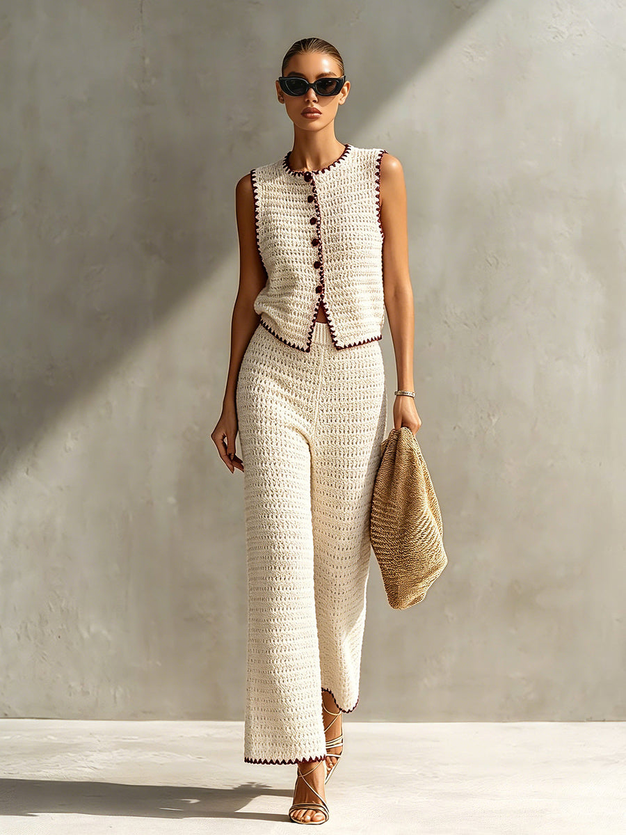 ElevenOra Chic Elegant Beige Round-Neck Single-Breasted Vest Elastic-Waist Wide-Leg Pants Red Trim Detail Slim-Fit Knit Two-Piece Set