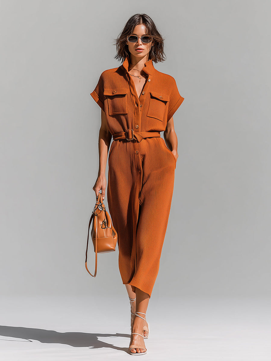ElevenOra Chic Elegant Orange Stand-Collar Single-Breasted Belted-Waist Multi-Pockets Loose-Fit Ribbed Knit Midi Dress