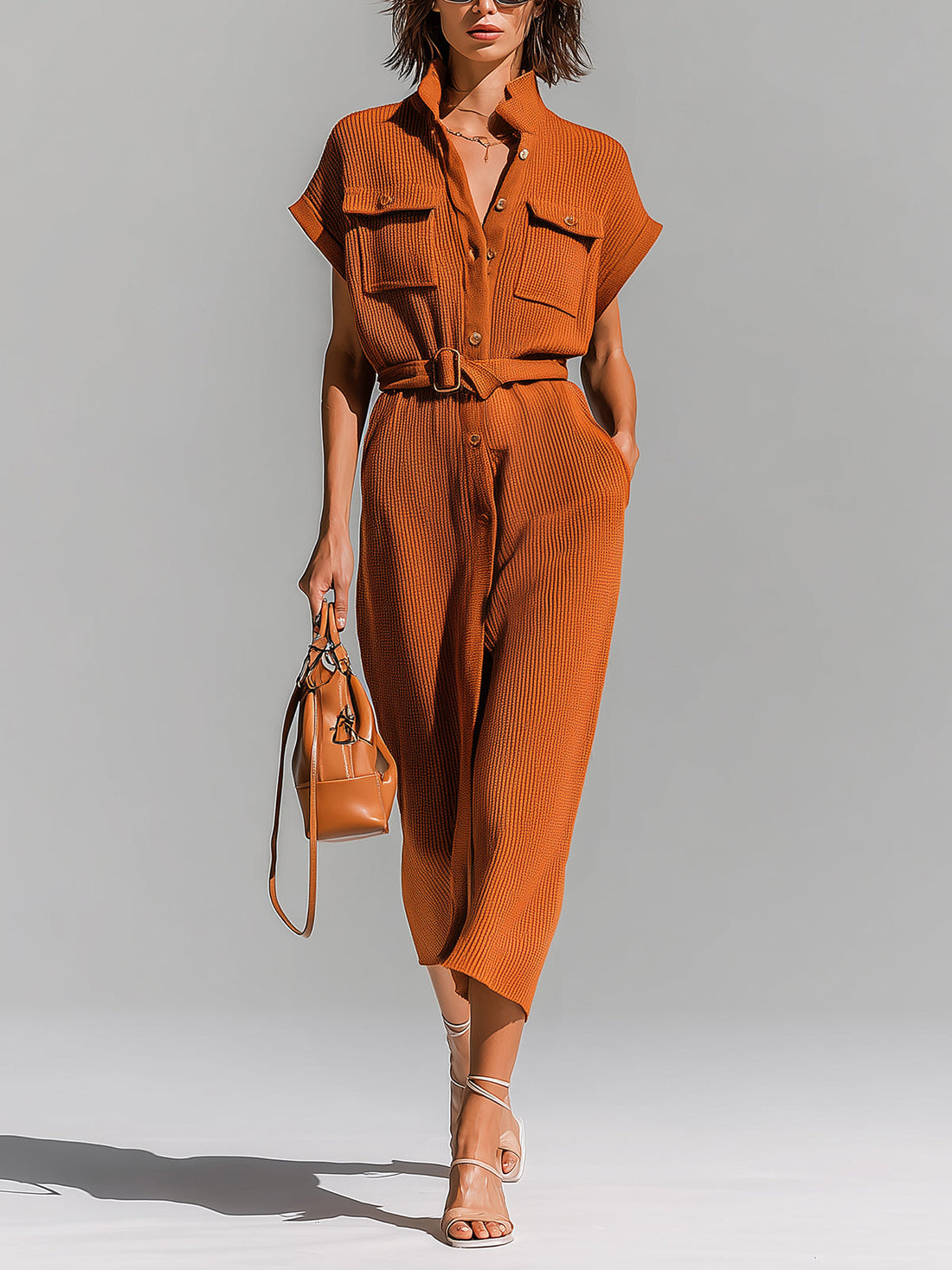 ElevenOra Chic Elegant Orange Stand-Collar Single-Breasted Belted-Waist Multi-Pockets Loose-Fit Ribbed Knit Midi Dress