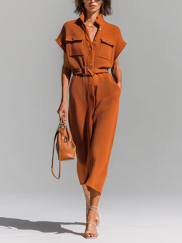 ElevenOra Chic Elegant Orange Stand-Collar Single-Breasted Belted-Waist Multi-Pockets Loose-Fit Ribbed Knit Midi Dress