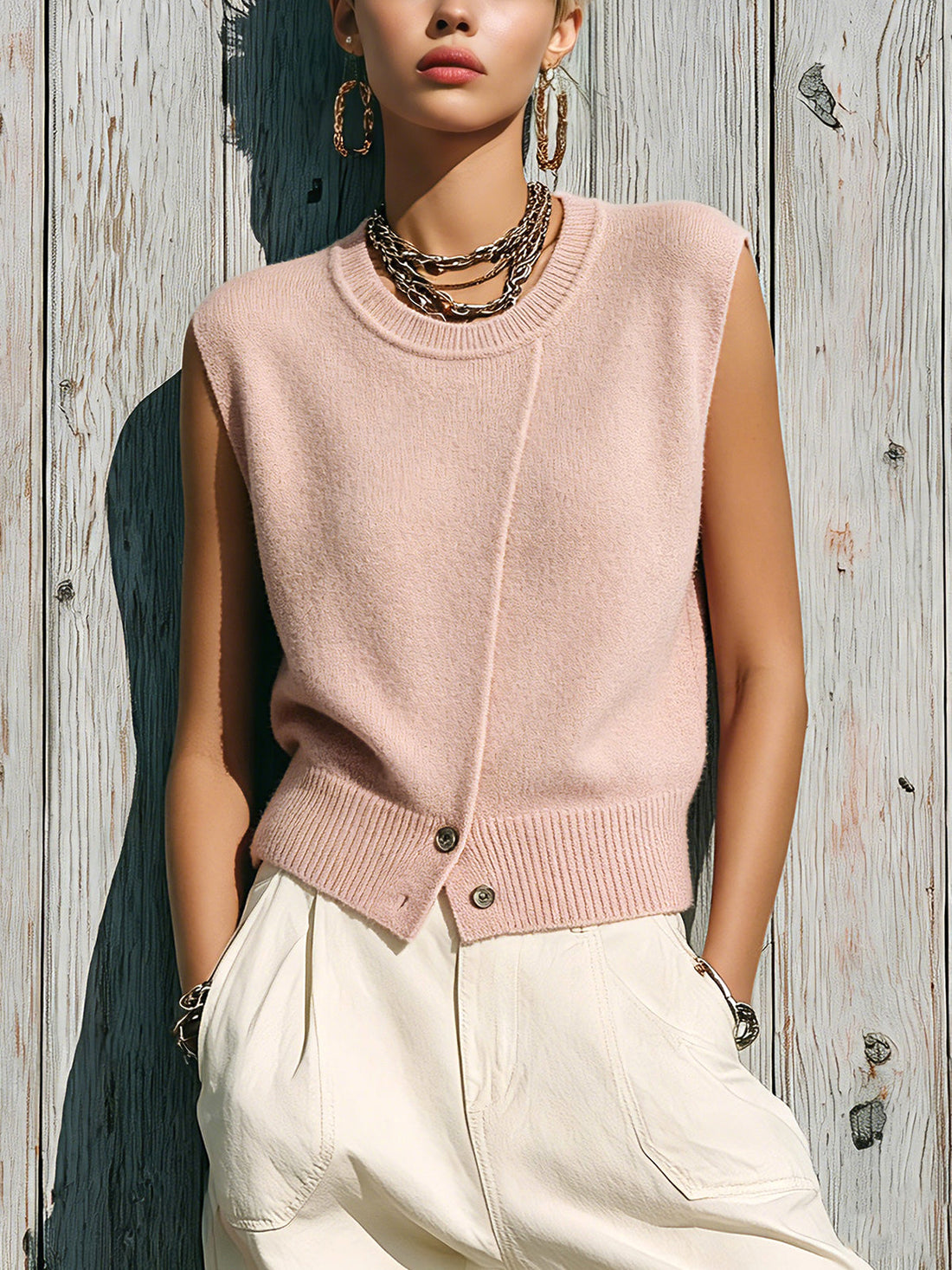 ElevenOra Chic Elegant Light Pink Round-Neck Sleeveless Button-Front Loose-Fit Ribbed Knit Vest Top