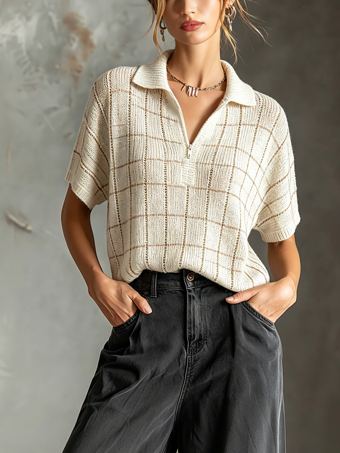 ElevenOra Chic Casual Off White Lapel-Collar Zipper-Up Grid Plaid Short-Sleeve Hollow-Out Loose-Fit Knit Sweater Top