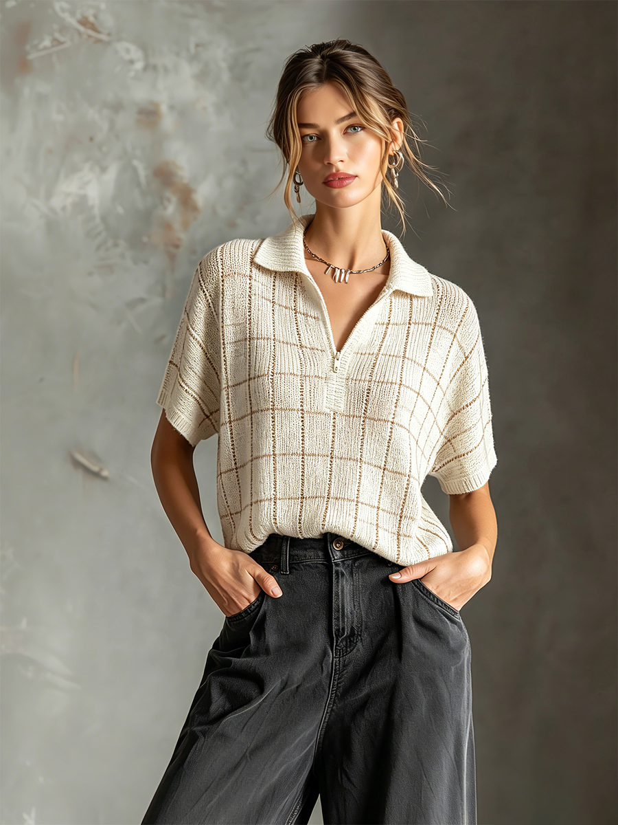 ElevenOra Chic Casual Off White Lapel-Collar Zipper-Up Grid Plaid Short-Sleeve Hollow-Out Loose-Fit Knit Sweater Top