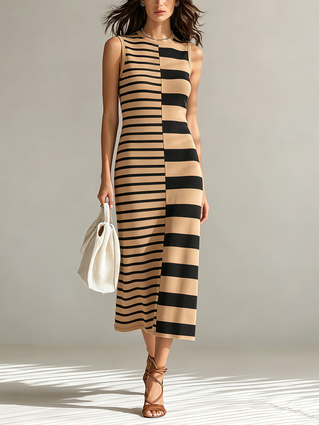 ElevenOra Chic Elegant Camel-Black Colorblock Stripes Round-Neck Sleeveless H-shaped Knit Midi Dress