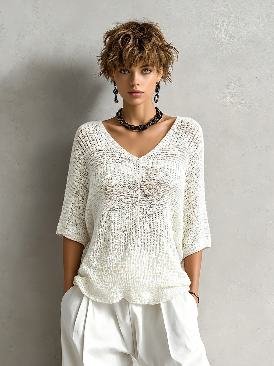 ElevenOra Chic Elegant Cream White V-Neck Half-Sleeve Patchwork Detail Loose-Fit Mesh Knit Sweater Top