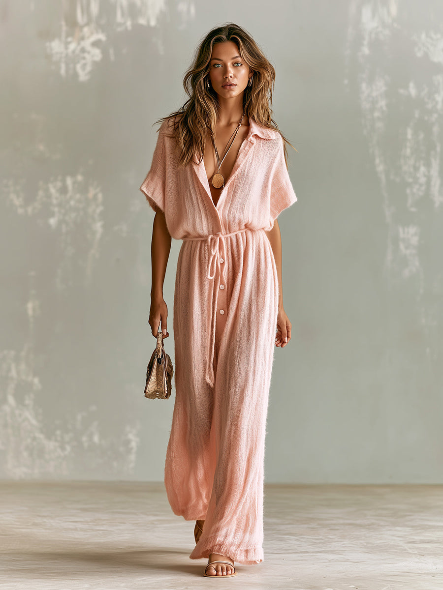 ElevenOra Chic Elegant Pink Lapel-Collar Short-Sleeve Single-Breasted Tie-Waist Loose-Fit Breathable Knit Wide-Leg Jumpsuit