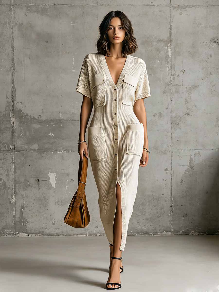 ElevenOra Chic Casual Oatmeal  V-Neck Single-Breasted Short Sleeve Patch Pocket Loose-Fit Ribbed Knit Midi Dress