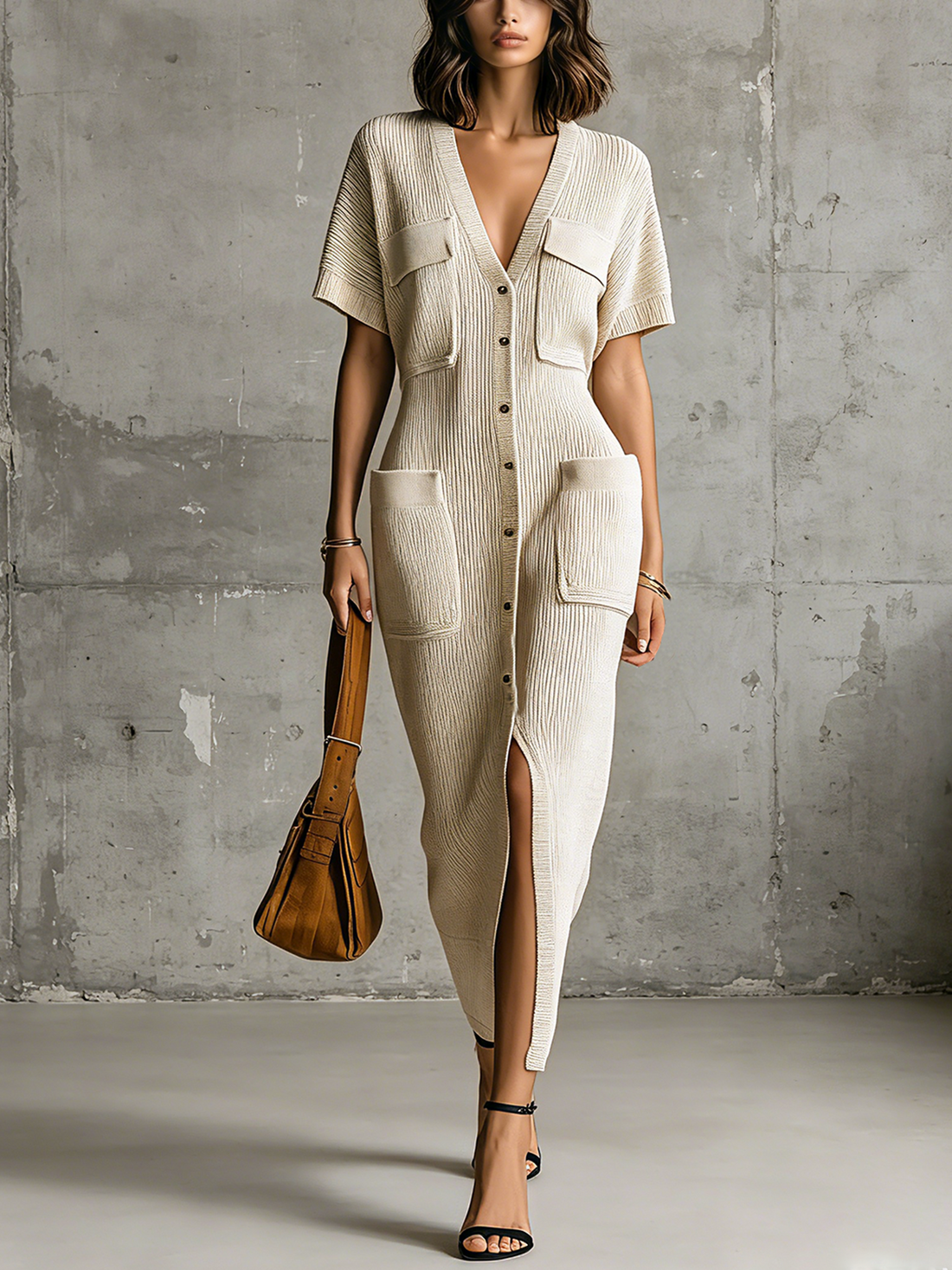 ElevenOra Chic Casual Oatmeal  V-Neck Single-Breasted Short Sleeve Patch Pocket Loose-Fit Ribbed Knit Midi Dress