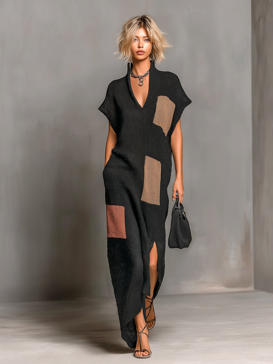 ElevenOra Chic Elegant Black-Brown-Pink Colorblock Stand Collar V-Neck Short-Sleeve Slit Detail Loose-Fit Knit Maxi Dress