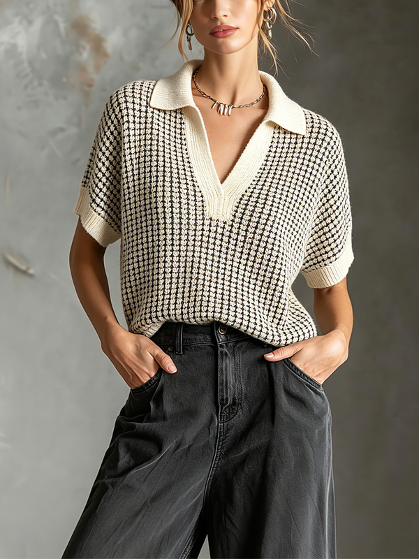 ElevenOra Chic Casual Off White Lapel-Collar V-Neck Short-Sleeve  Loose-Fit Grid Textured Knit Sweater Top