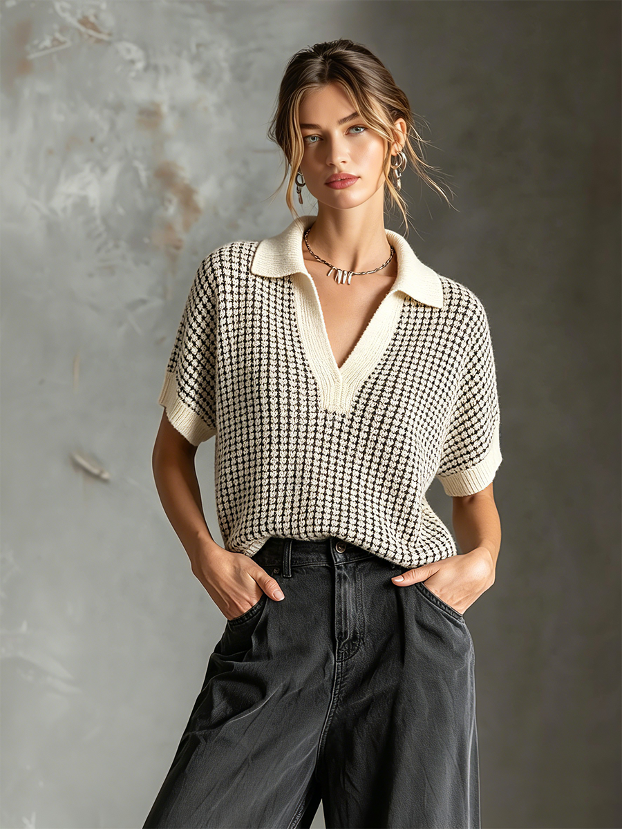 ElevenOra Chic Casual Off White Lapel-Collar V-Neck Short-Sleeve  Loose-Fit Grid Textured Knit Sweater Top