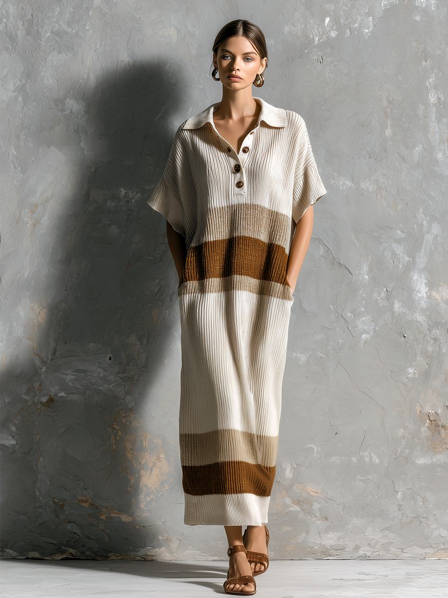 ElevenOra Chic Elegant Off White Lapel-Collar Button Front Contrast Trim Short-Sleeve Loose-Fit Ribbed Knit Maxi Dress