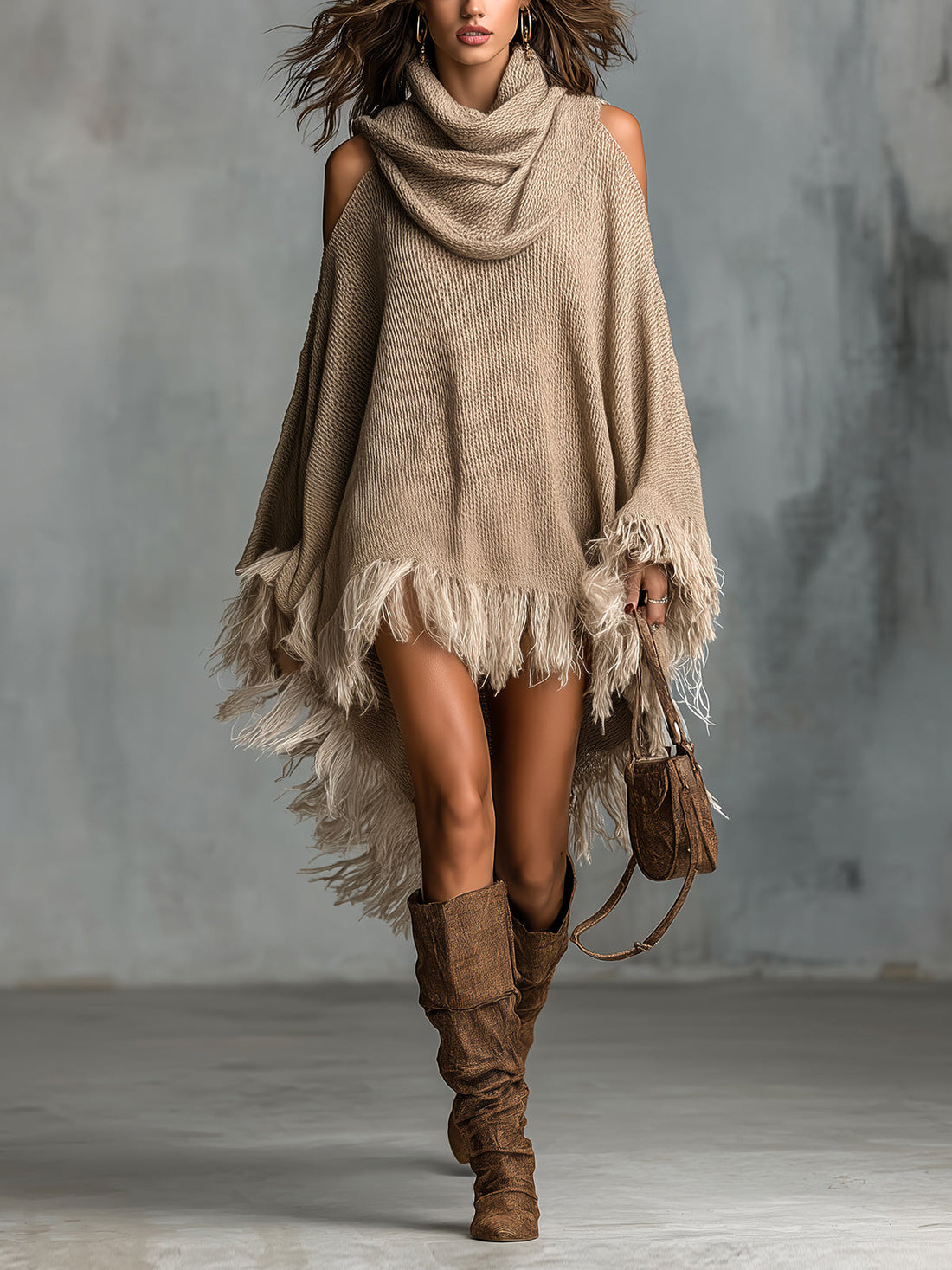 ElevenOra Chic Elegant Light Brown Cowl-Neck Long-Flare-Sleeve Fringe Detail Asymmetrical Hem Loose-Fit Knit Midi Dress