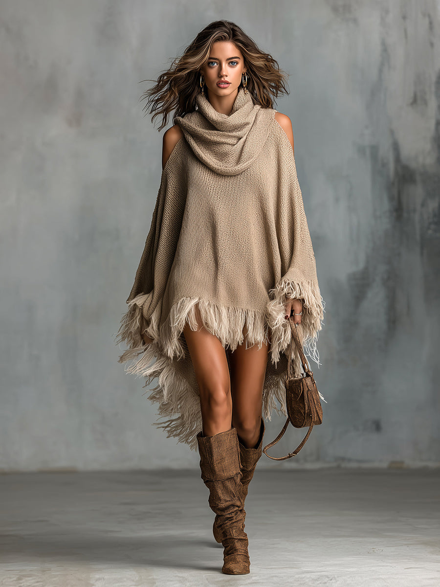 ElevenOra Chic Elegant Light Brown Cowl-Neck Long-Flare-Sleeve Fringe Detail Asymmetrical Hem Loose-Fit Knit Midi Dress