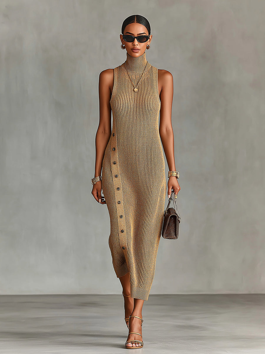 ElevenOra Chic Elegant Camel Melange Turtleneck Sleeveless Button-Front Detail Slim-Fit Ribbed Knit Maxi Dress