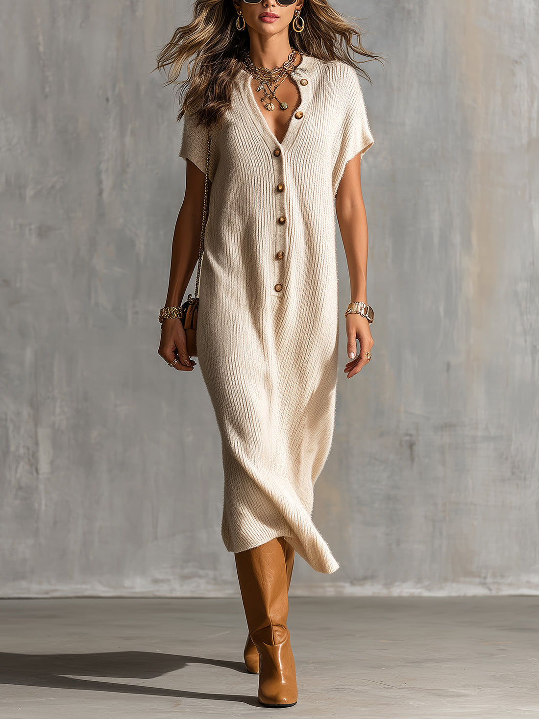 ElevenOra Chic Elegant Beige Henley Neck Dropped Shoulder Short-Sleeve Loose-Fit Soft Knit Midi Dress