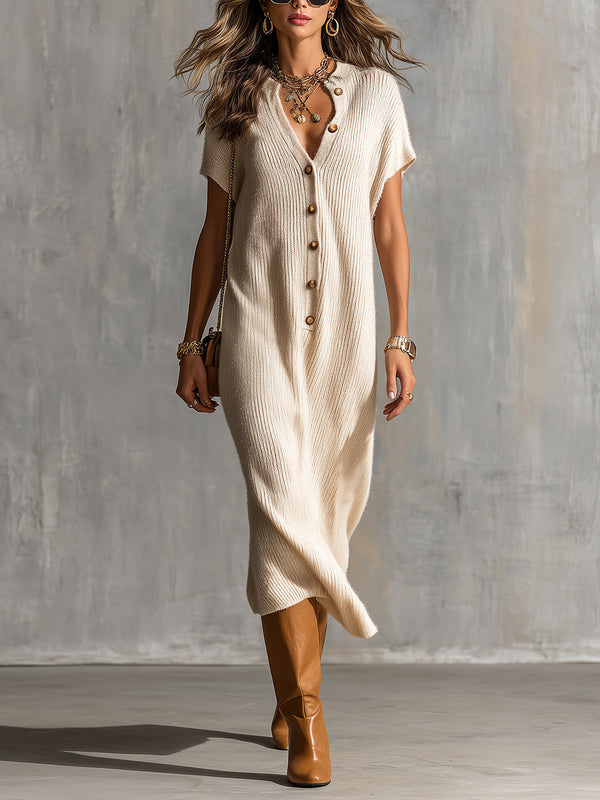 ElevenOra Chic Elegant Beige Henley Neck Dropped Shoulder Short-Sleeve Loose-Fit Soft Knit Midi Dress
