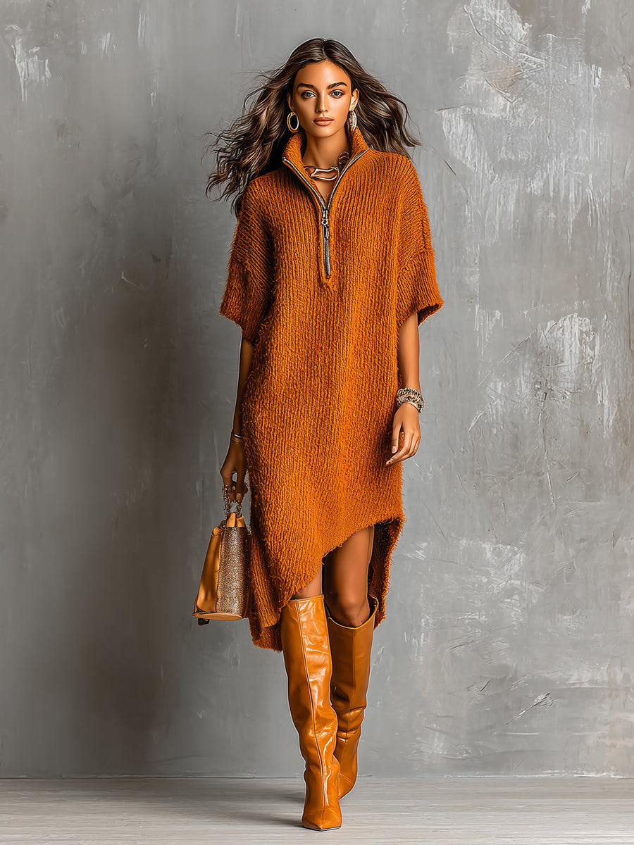 ElevenOra Chic Casual Caramel Brown Half-Zipper Neck Short-Sleeve Asymmetrical Hem Loose-Fit Soft Knit Midi Dress