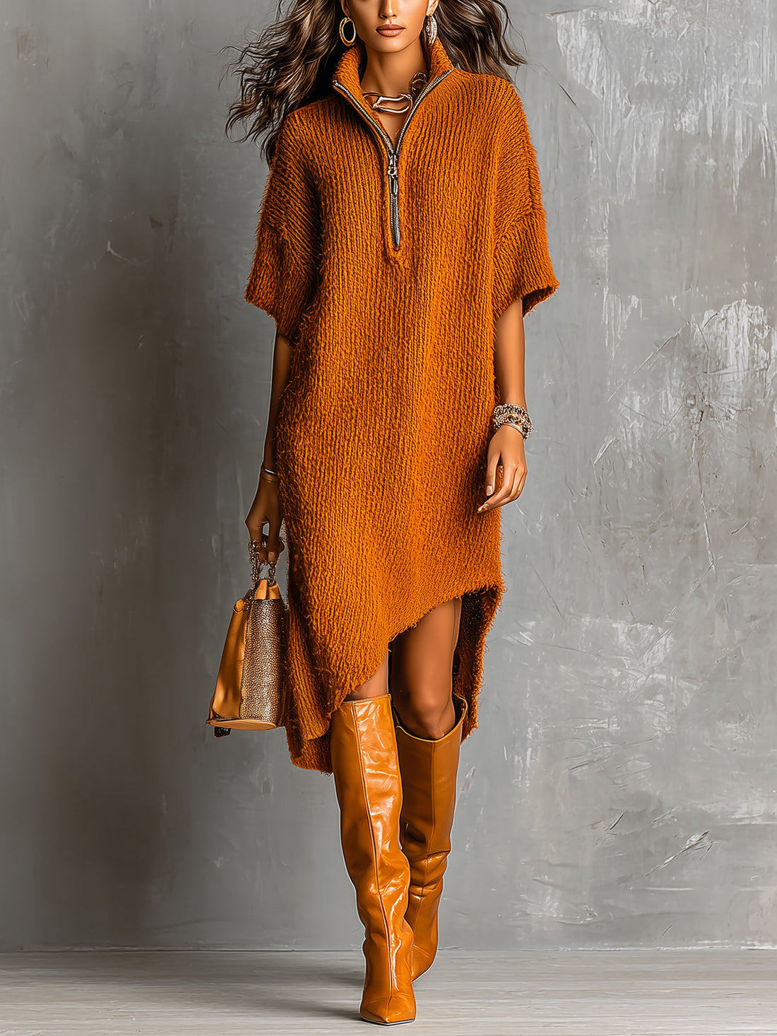ElevenOra Chic Casual Caramel Brown Half-Zipper Neck Short-Sleeve Asymmetrical Hem Loose-Fit Soft Knit Midi Dress
