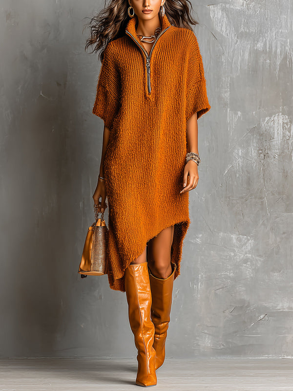 ElevenOra Chic Casual Caramel Brown Half-Zipper Neck Short-Sleeve Asymmetrical Hem Loose-Fit Soft Knit Midi Dress