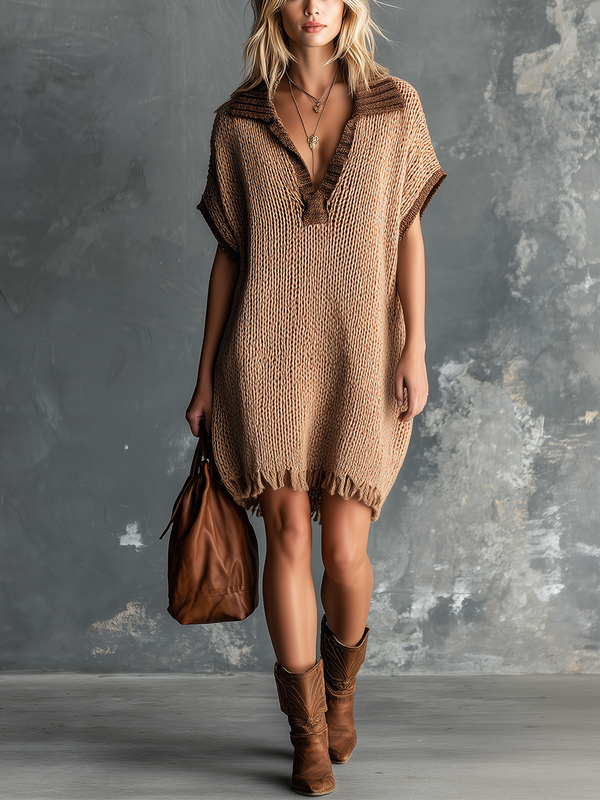 ElevenOra Chic Casual Camel Lapel-Collar V-Neck Contrast Trim Short-Sleeve Frayed Hem Loose-Fit Knit Mini Dress