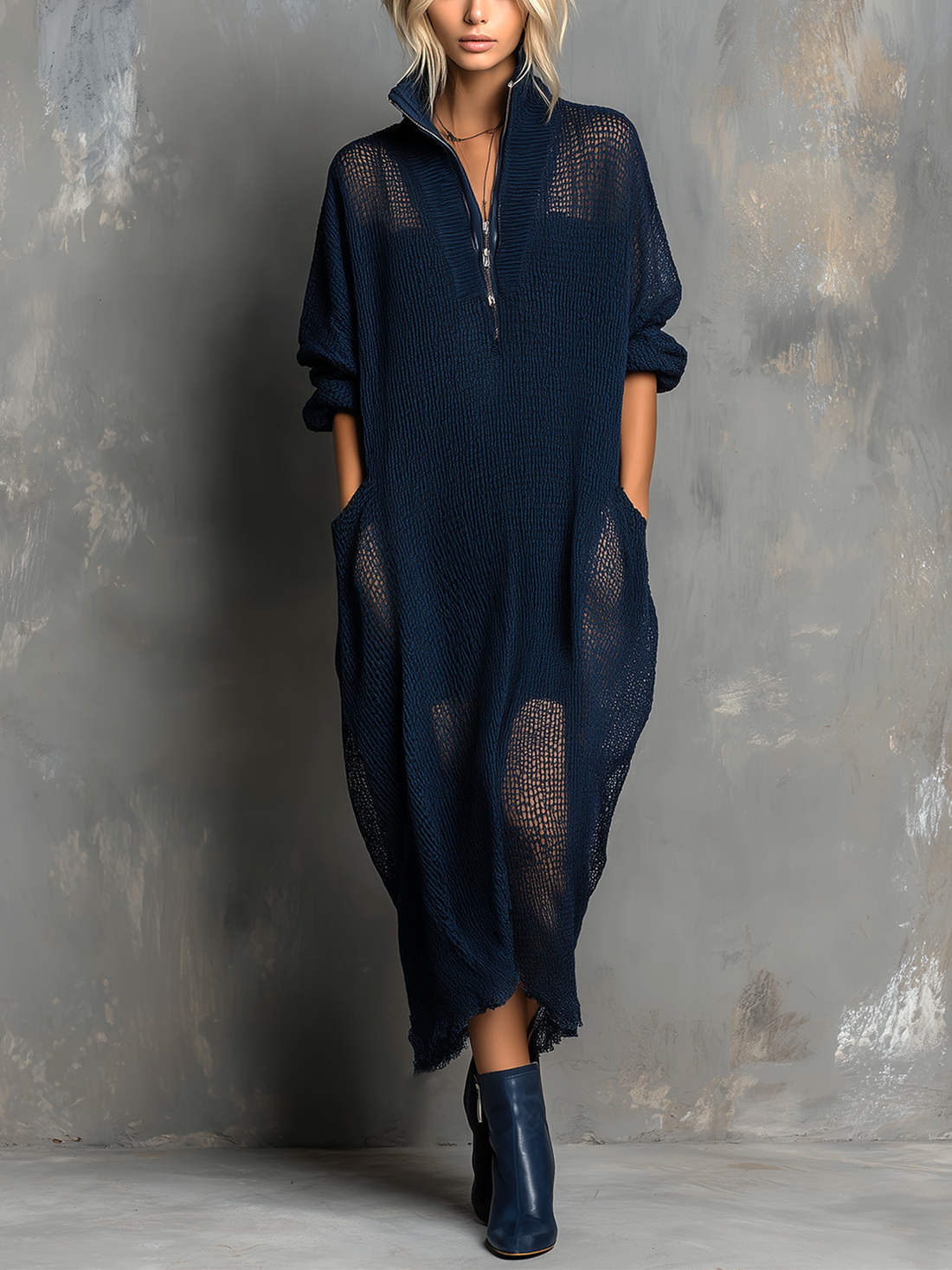 ElevenOra Chic Casual Navy Blue Stand Collar Zipper-Front Long-Sleeve Loose-Fit Mesh Knit Maxi Dress