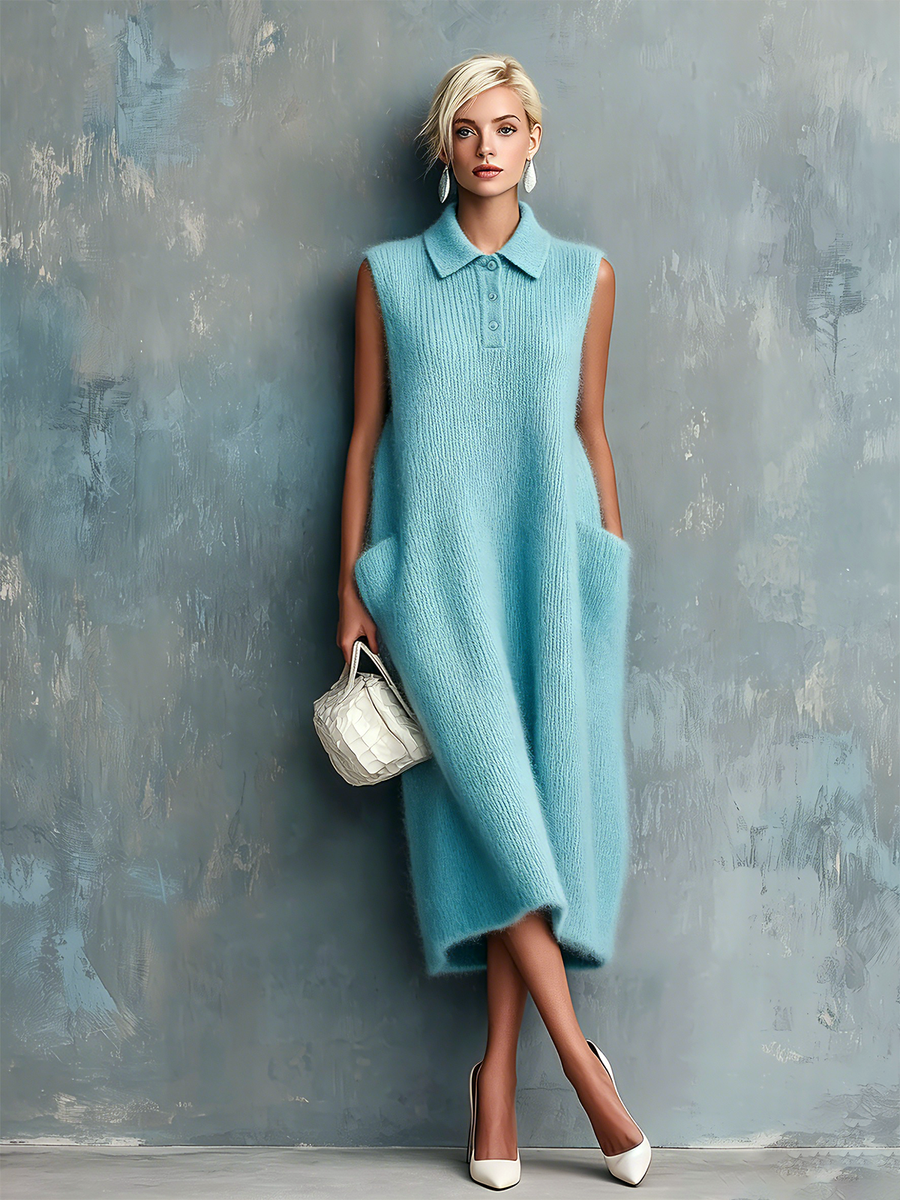 ElevenOra Chic Elegant Sky Blue Button-Up Lapel-Collar Sleeveless Patch Pockets Loose-Fit Knit Midi Dress