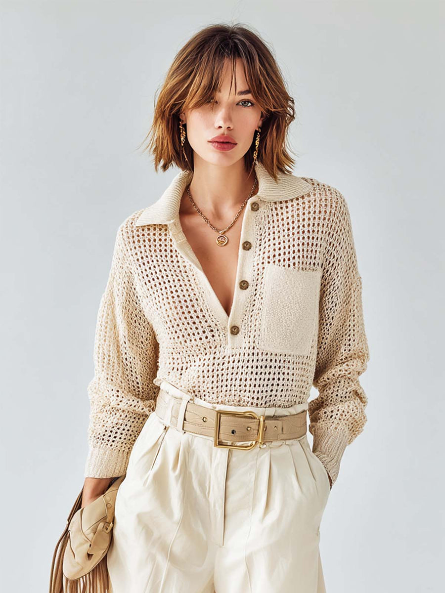 ElevenOra Chic White Polo-Neck Long-Sleeve Loose-Fit Pocket Detail Loose-Fit  Mesh Knit Sweater Top