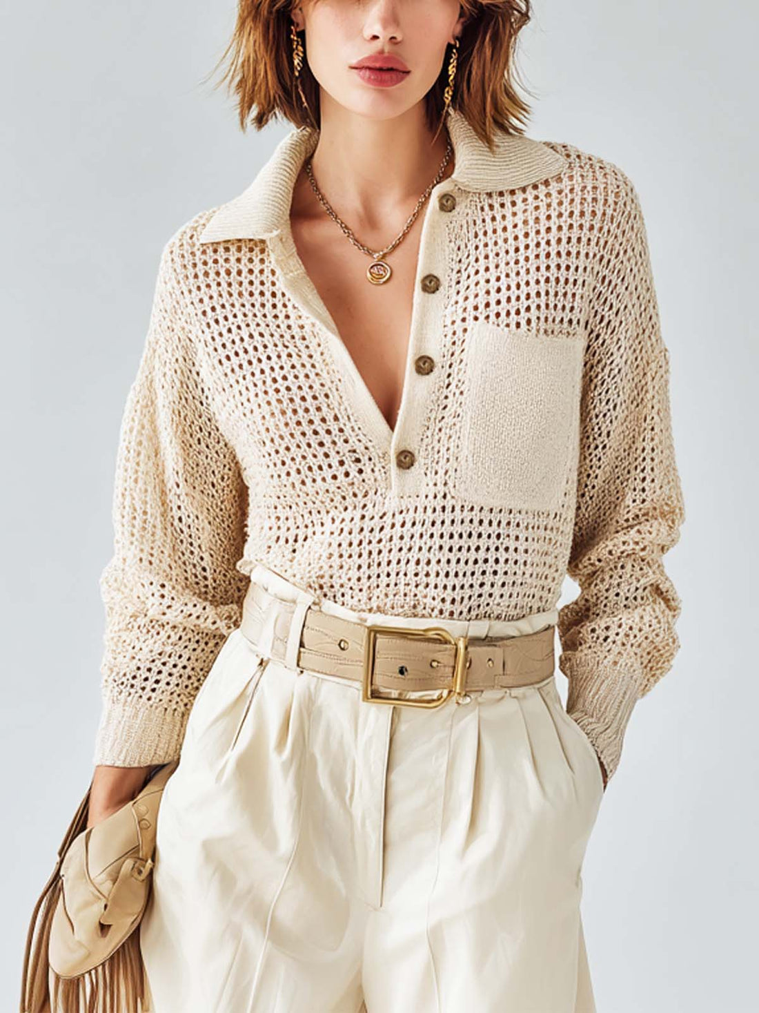 ElevenOra Chic White Polo-Neck Long-Sleeve Loose-Fit Pocket Detail Loose-Fit  Mesh Knit Sweater Top