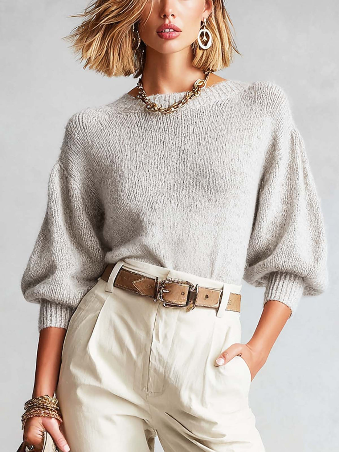 ElevenOra Chic Grey Round-Neck Three-Quarter Puff Sleeves Loose-Fit Knit Sweater Top