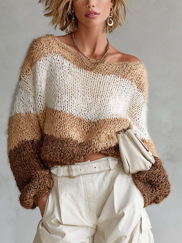 ElevenOra Chic Casual Multi-Color Boat-Neck Long Sleeve Puff Sleeves Loose-Fit Sweater Top