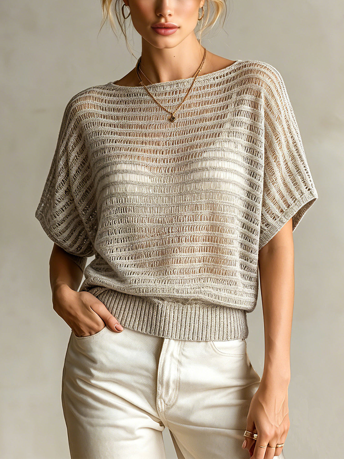 ElevenOra Chic Casual Gray Hollow-Out Stripes Boat-Neck Dropped Shoulder Short-Sleeve Loose-Fit Knit Sweater