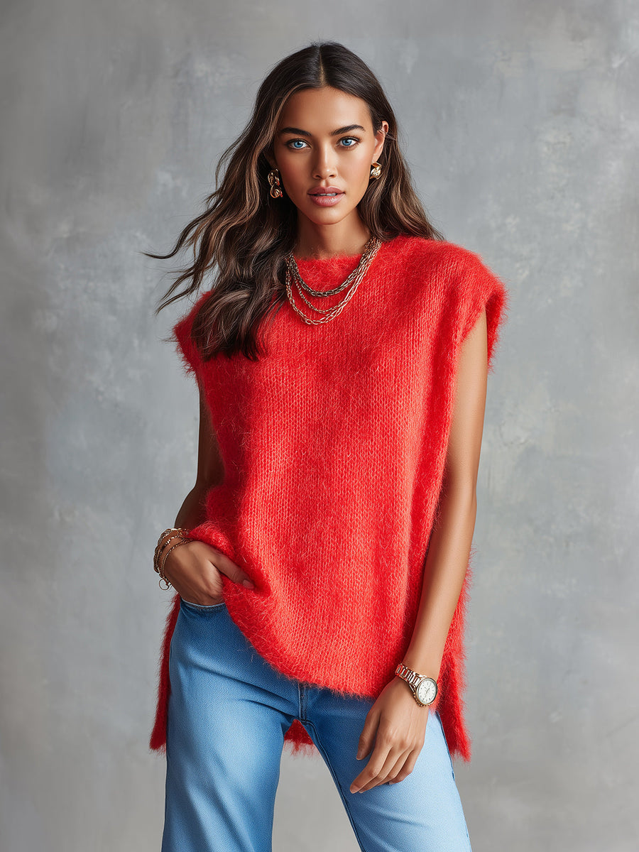 ElevenOra Chic Casual Red Mohair Blend Boat-Neck Sleeveless Side-Slit Detail Loose-Fit Soft Knit Vest Top
