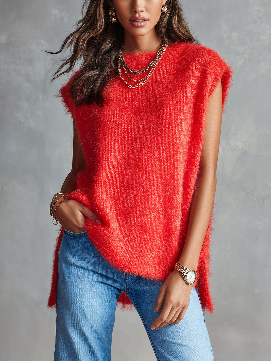 ElevenOra Chic Casual Red Mohair Blend Boat-Neck Sleeveless Side-Slit Detail Loose-Fit Soft Knit Vest Top