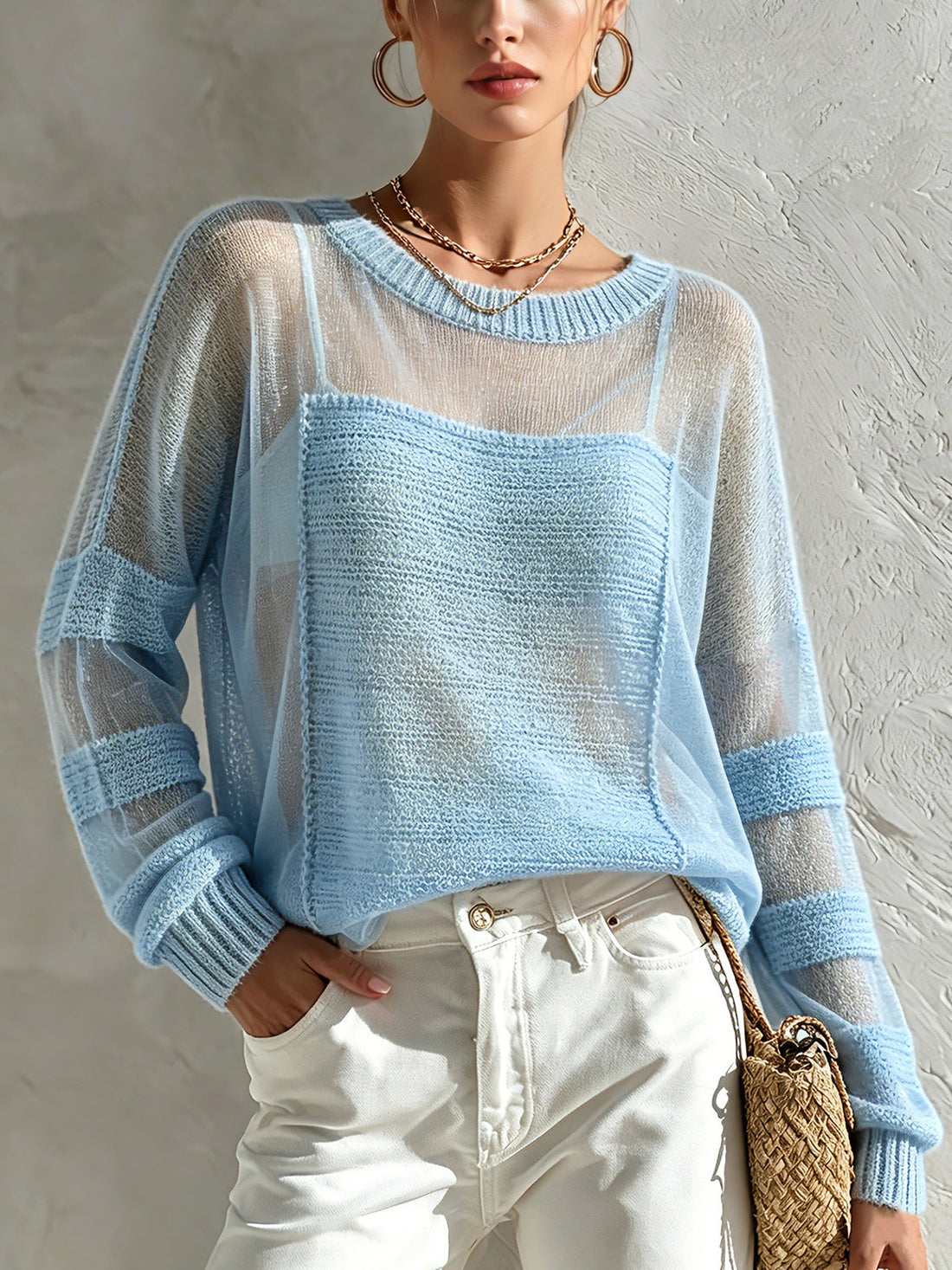 ElevenOra Chic Casual Blue Round-Neck Dropped Shoulder Long-Sleeve Hollow-Out Patchwork Loose-Fit Soft Sweater