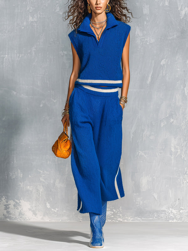 ElevenOra Chic Casual Royal Blue-White Colorblock Lapel V-Neck Sleeveless Vest Elastic-Waist Wide-Leg Cropped Pants Loose-Fit Knit Two-Piece Set
